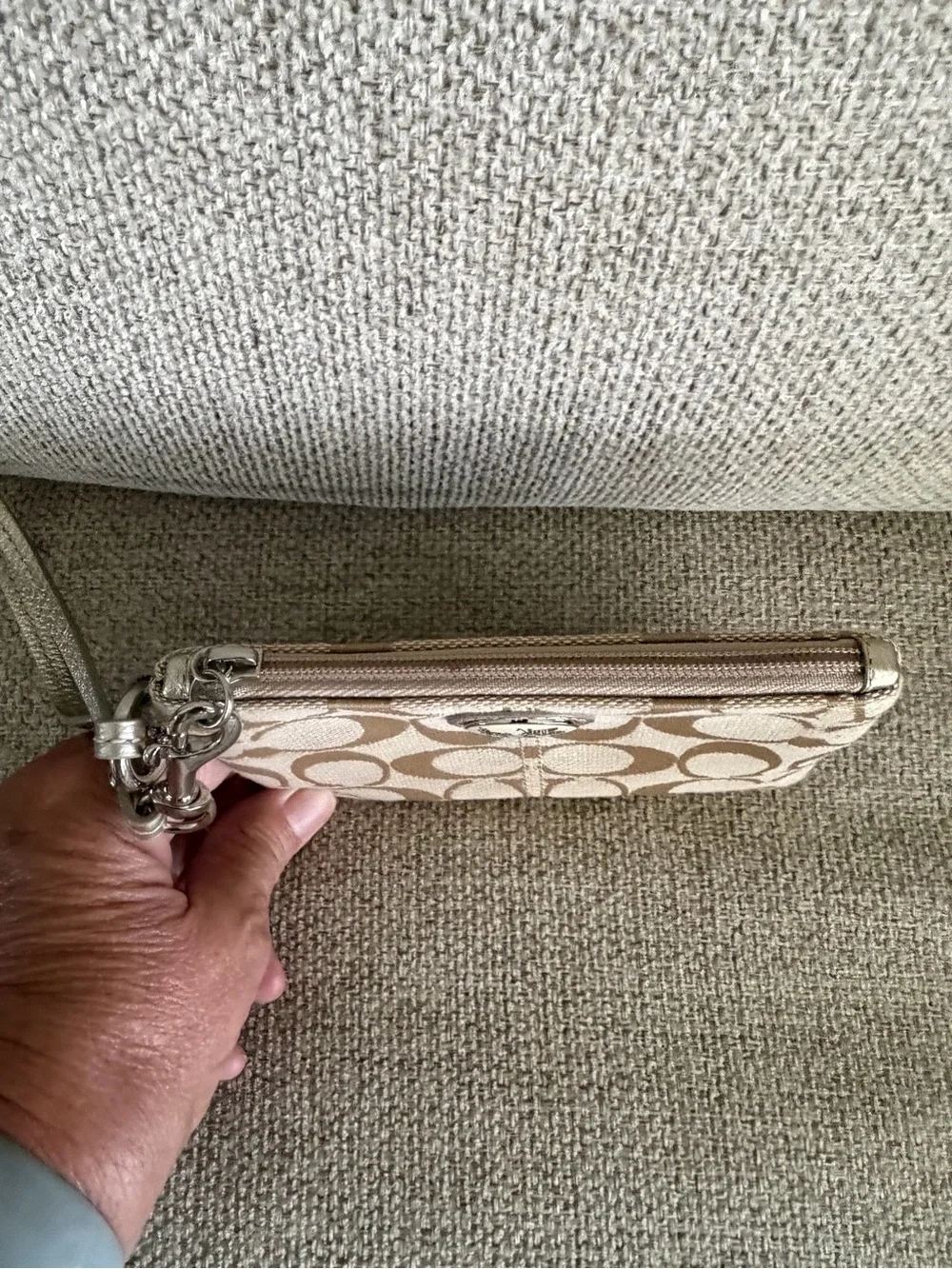 Coach Beige Signature Canvas Wristlet with Silver Strap